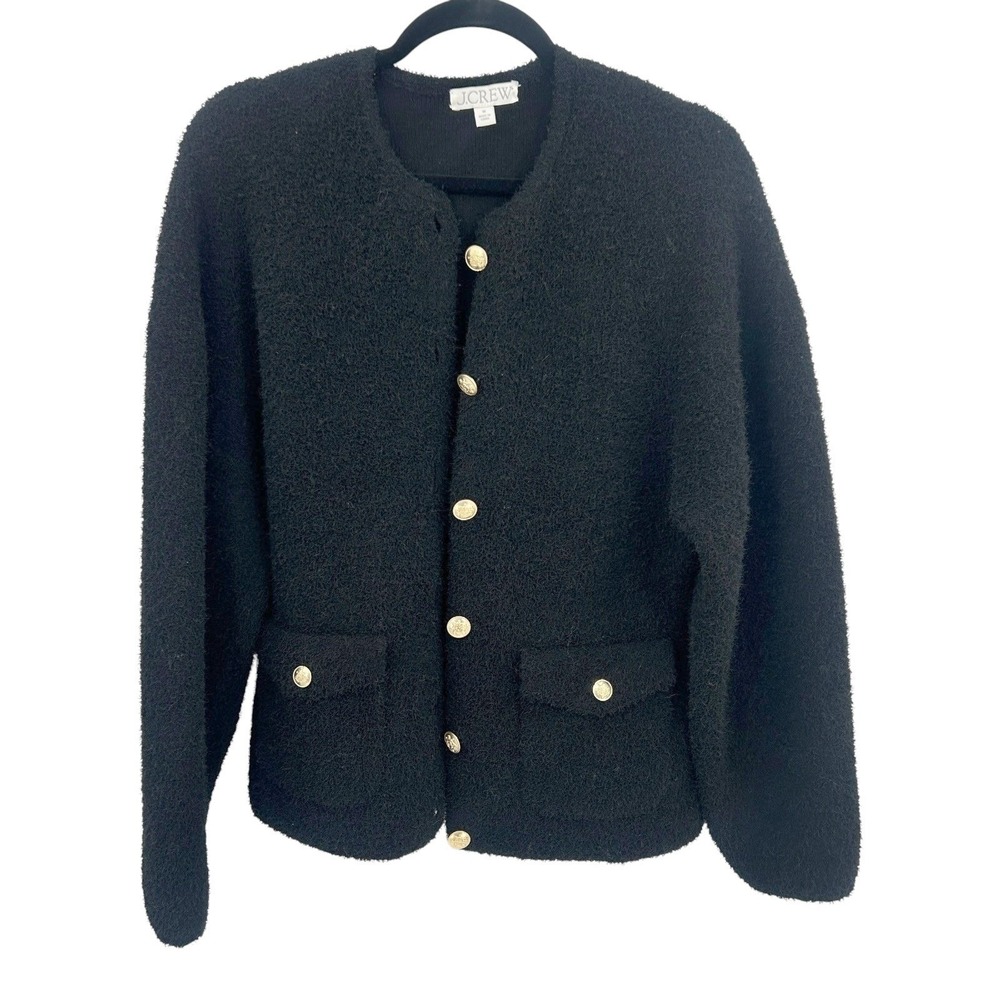 J Crew Boucle Heavy Sweater Blazer M Black Gold Button Preppy Old Money‎ Classic